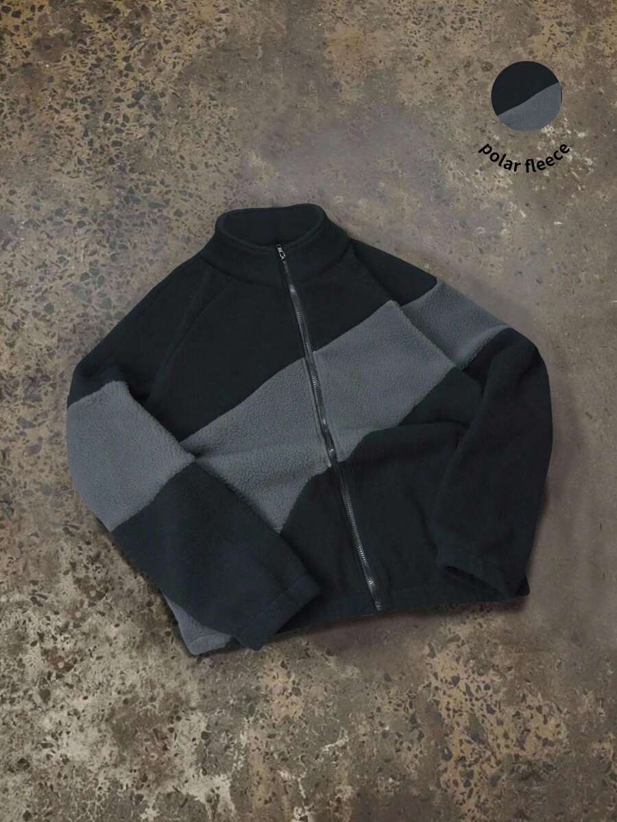 Manfinity Roghcode Áo khoác nam lót lông cừu Sherpa, túi thường ngày, khóa kéo nhiều màu, thích hợp đi học, đi làm, mùa đông, phong cách Grunge - màu đen - Xem 1