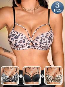 3pcs Women's Leopard Print Hollow Out Underwire Bra Set ClassicAnimalPrint - Multicolor - View 1