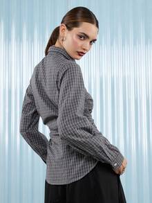 COUREZ Long Sleeve Cinched Waist Check Shirt With Front Tie Detail /Y2K Casual Going Out Tops Sexy Party Party Top Elegant Women's Blouses Plaid Shirt Summer Tops - Grey - View 3
