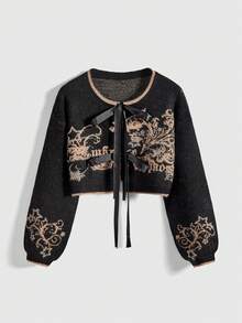 ROMWE Hippie Women's Contrast Color Jacquard Star Rhinestone Embellished Drop Shoulder Crew Neck Cardigan Sweater - Multicolor - View 1