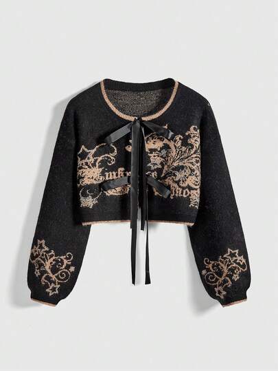 Hippie Women's Contrast Color Jacquard Star Rhinestone Embellished Drop Shoulder Crew Neck Cardigan Sweater