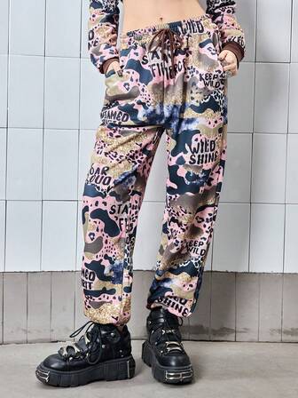 J-Fashion Women's Retro Y2K Baddie Street Camo Logo Graphic Sweatpants