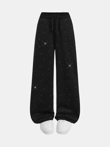 SHEIN Girlism 少女黑色纯色时尚水钻装饰高腰抽绳宽松直筒运动裤秋季女童装 - 黑色 - 查看 7