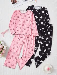 Bộ đồ ngủ 4 món cho bé gái tuổi teen - Màu đen hồng với nơ. Áo ngủ cổ tròn in hình nơ dễ thương, màu đen hồng cổ điển, chất liệu vải dệt kim thoải mái, áo dài tay cổ tròn và quần phối hai màu với nơ. Phong cách mạng xã hội, ngọt ngào cổ điển, thích hợp cho mùa xuân hè, thu đông, kỳ nghỉ, bộ đồ ngủ mặc nhà thiết yếu cho bé gái tuổi teen. - Nhiều màu - Xem 4