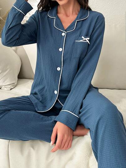 Contrast Long Sleeve Top Pants Pajama Set, Clothes view 8