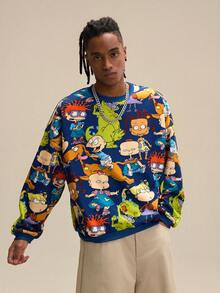 Nick 90s | SHEIN Men's Casual Cartoon Pattern Round Neck Drop Shoulder Sweatshirt, Autumn - Navy Blue - View 4