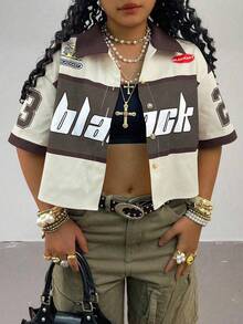 Rovax 大码女式字母印花短袖短款大码衬衫 - 棕色 - 查看 5