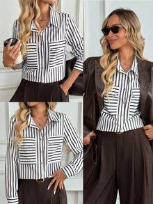 EMERY ROSE Camicetta casual a maniche lunghe e ampia con righe, versatile per l'uso quotidiano - Bianco - Visualizzare 6