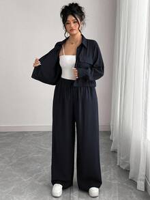 Elenzga 大码女式法式浪漫西西里优雅休闲通勤度假纯色棕色衬衫领隐形门襟松紧下摆长袖衬衫+松紧腰工装裤套装，春/秋/冬 - 藏蓝色 - 查看 6