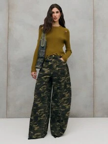 SHEIN Unity Stylish Olive Green Ribbed Sweater With Edgy Distressed Details Around The Neckline And Hem,Autumn Casual Everyday Elegant Relaxed Clothing For Women - Dark Green - View 1