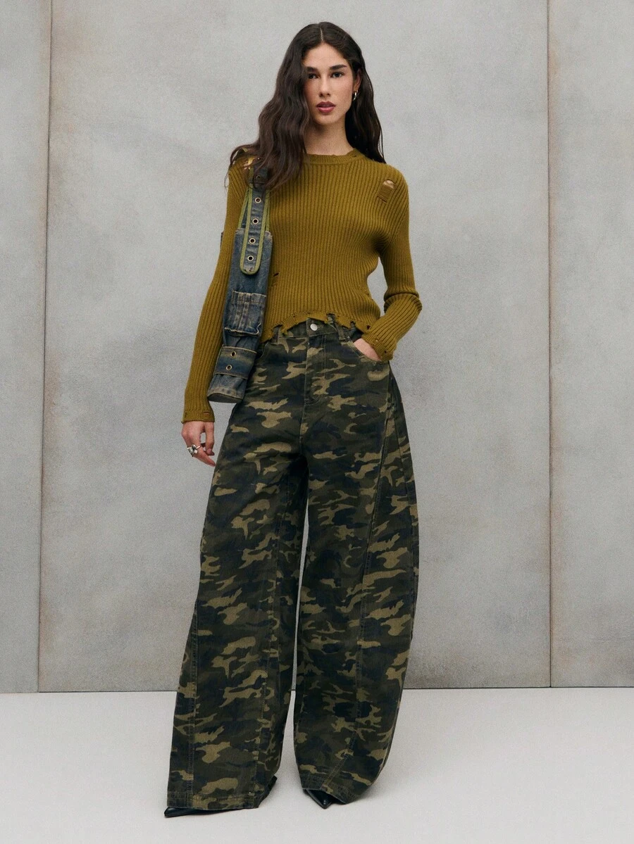 SHEIN Unity Stylish Olive Green Ribbed Sweater With Edgy Distressed Details Around The Neckline And Hem,Autumn Casual Everyday Elegant Relaxed Clothing For Women - Dark Green - View 1