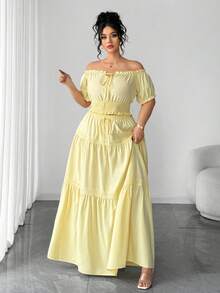 Elenzga Plus Size Women's Elegant Youthful Versatile Fitted Puff Sleeve Bow Waist Flared Hem 2-Piece Skirt Set, Suitable For Vacation, Casual, Commute, Date