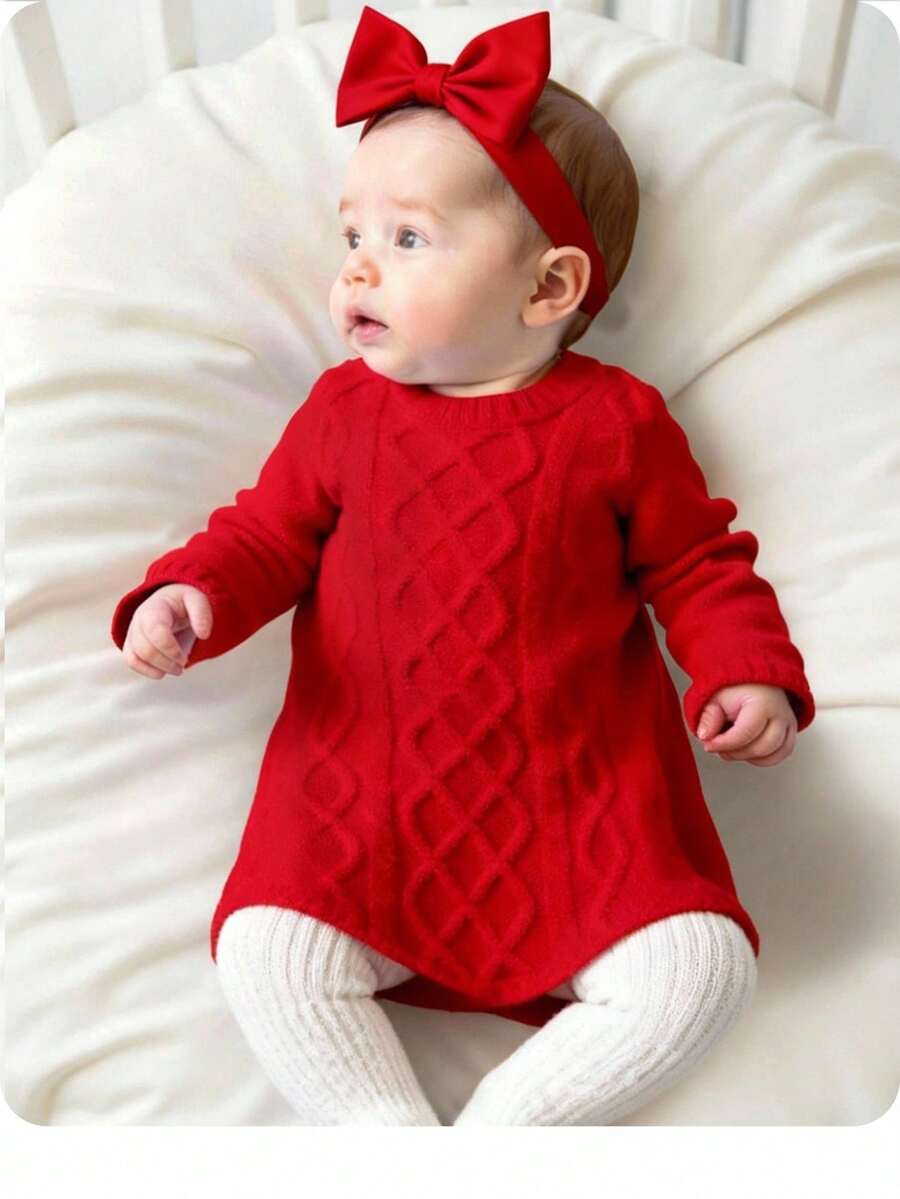 SHEIN Robe en tricot de couleur unie décontractée pour nouveau-né, automne/hiver - Rouge - Voir 1