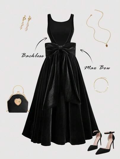 SHEIN MOD 黑色丝绒露背蝴蝶结连衣裙