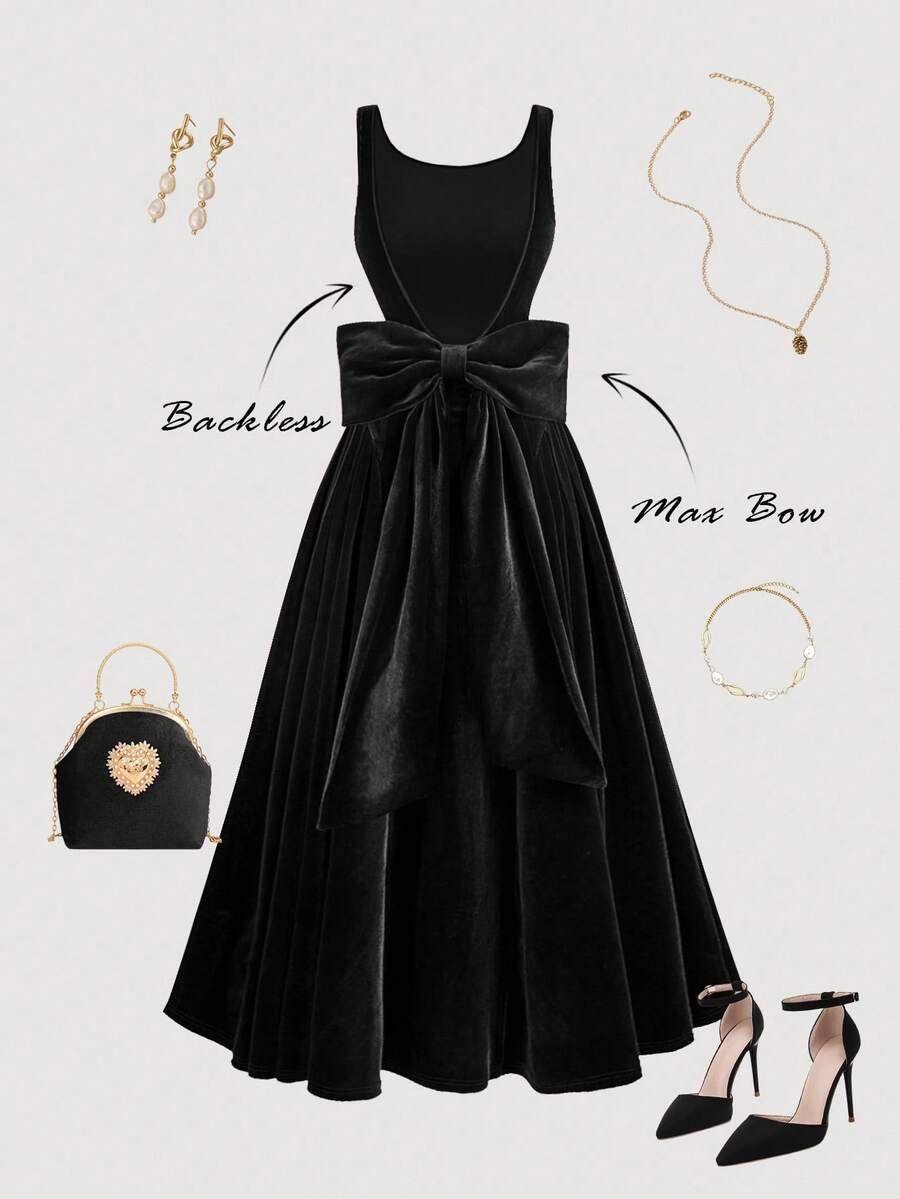 SHEIN MOD 黑色丝绒露背蝴蝶结连衣裙