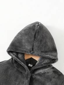 Tween BoySolid Gray Plush Thick Minimalist Style Solid Color Long Sleeve Hooded Tie Waist Robe Loungewear - Dark Grey - View 3