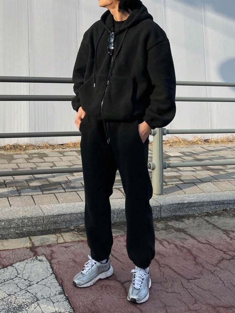 DAZY sweat-shirt à capuche matelassé de couleur unie pour hommes, automne/hiver - Noir - Voir 1