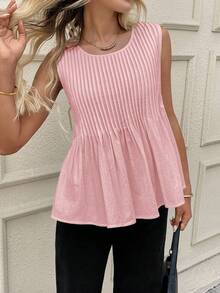 SHEIN LUNE Women's Casual Pleated Sleeveless White Cotton Blouse 100% Cotton Tops Pink Cotton Tops Summer Cotton Tops Cotton Sleeveless Tops Pink Summer Blouses Pink Tops Cotton Blouses Summer Tops Pink Summer Tops