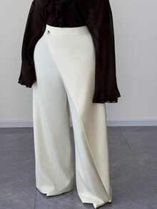 Maweii Plus Size Women's Solid Color Pocket Patchwork Design Wide Leg Loose Pants - Beige - View 3
