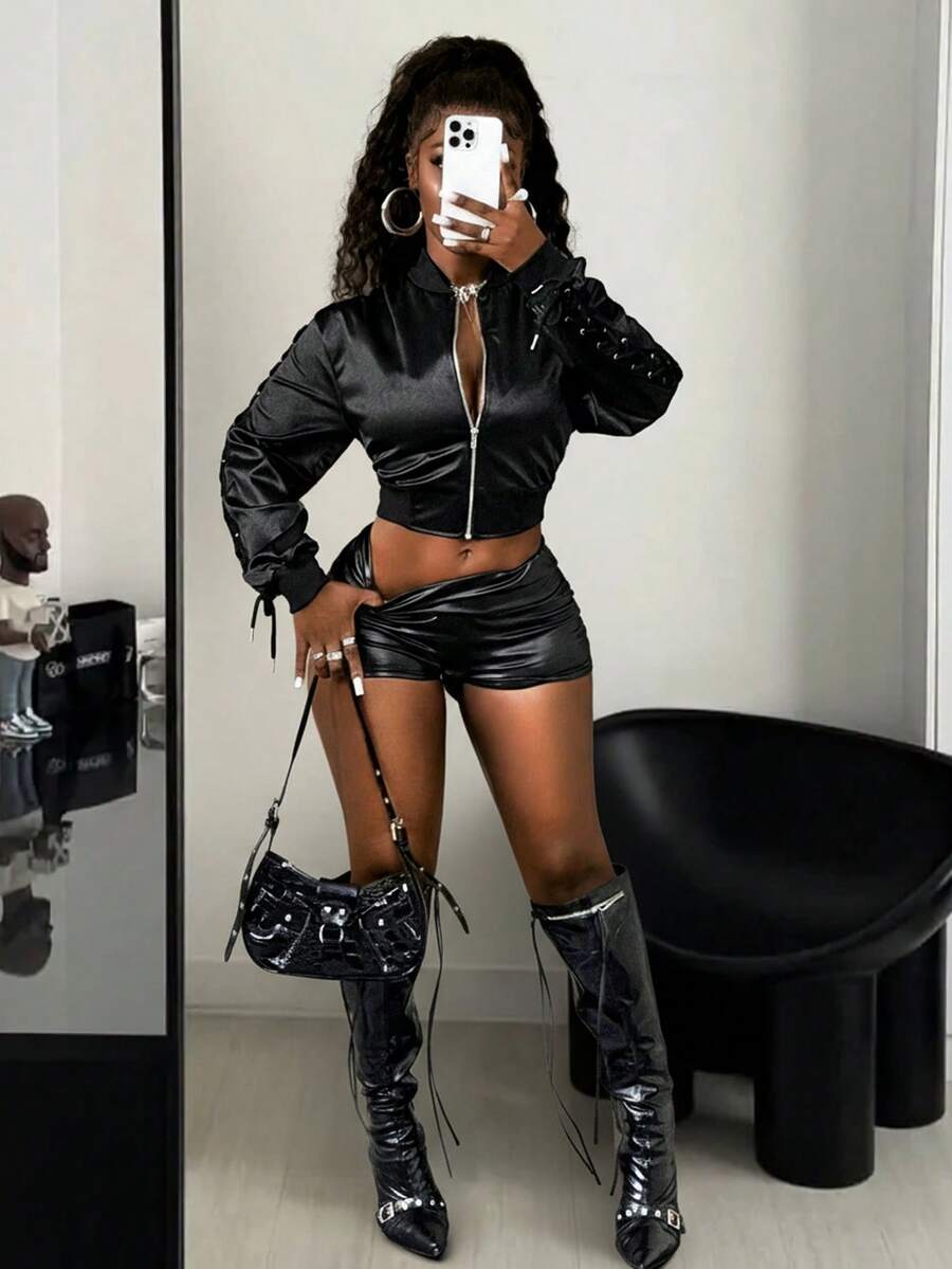 BamGleam Áo khoác bóng chày dài tay buộc dây có khóa kéo thường ngày dành cho nữ - màu đen - Xem 1