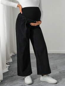 SHEIN 可调节腰围花卉刺绣宽松孕妇休闲牛仔裤 - 黑色 - 查看 4