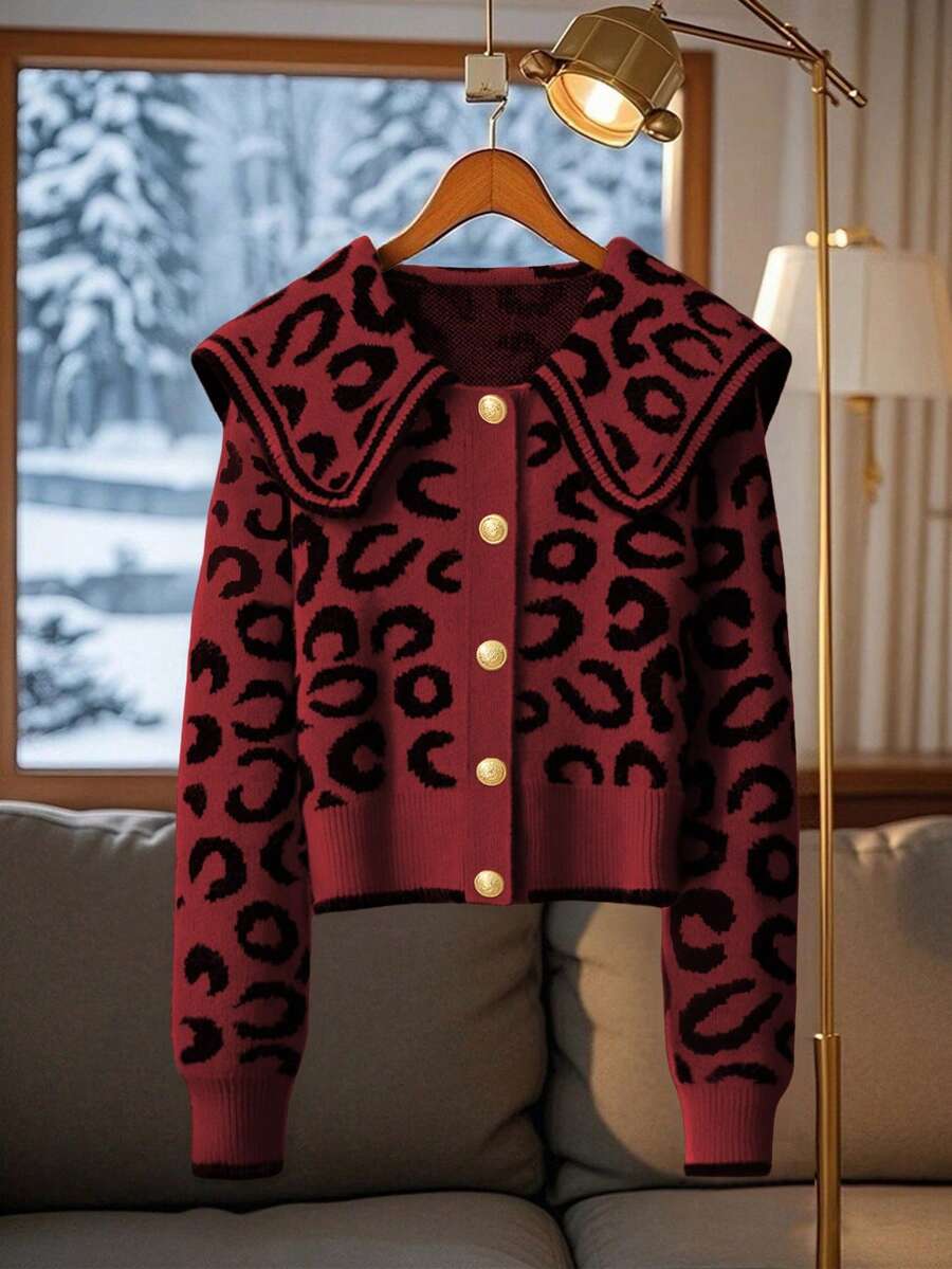GlowEve Autumn/Winter New Camel Leopard Print Sweater Cardigan For Women, Fashionable High-End Navy Collar Ladies Open Front Knit Jacket - Multicolor - View 1