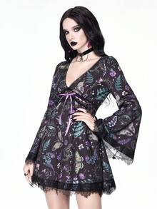 ROMWE Gothic Snake Skin, Moth & Floral Print Contrast Lace Fitted A-Line Dress - Multicolor - View 2