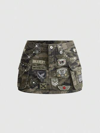 Grunge Punk Kpop Camouflage Military Cargo Patch Vintage Denim Mini Skirt For Women