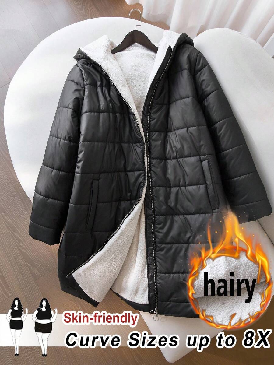 SHEIN CURVE+ Plus Size Women Hooded Thickened Fleece Jacket, Sherpa Lining, Winter Coat - Black and White - View 1