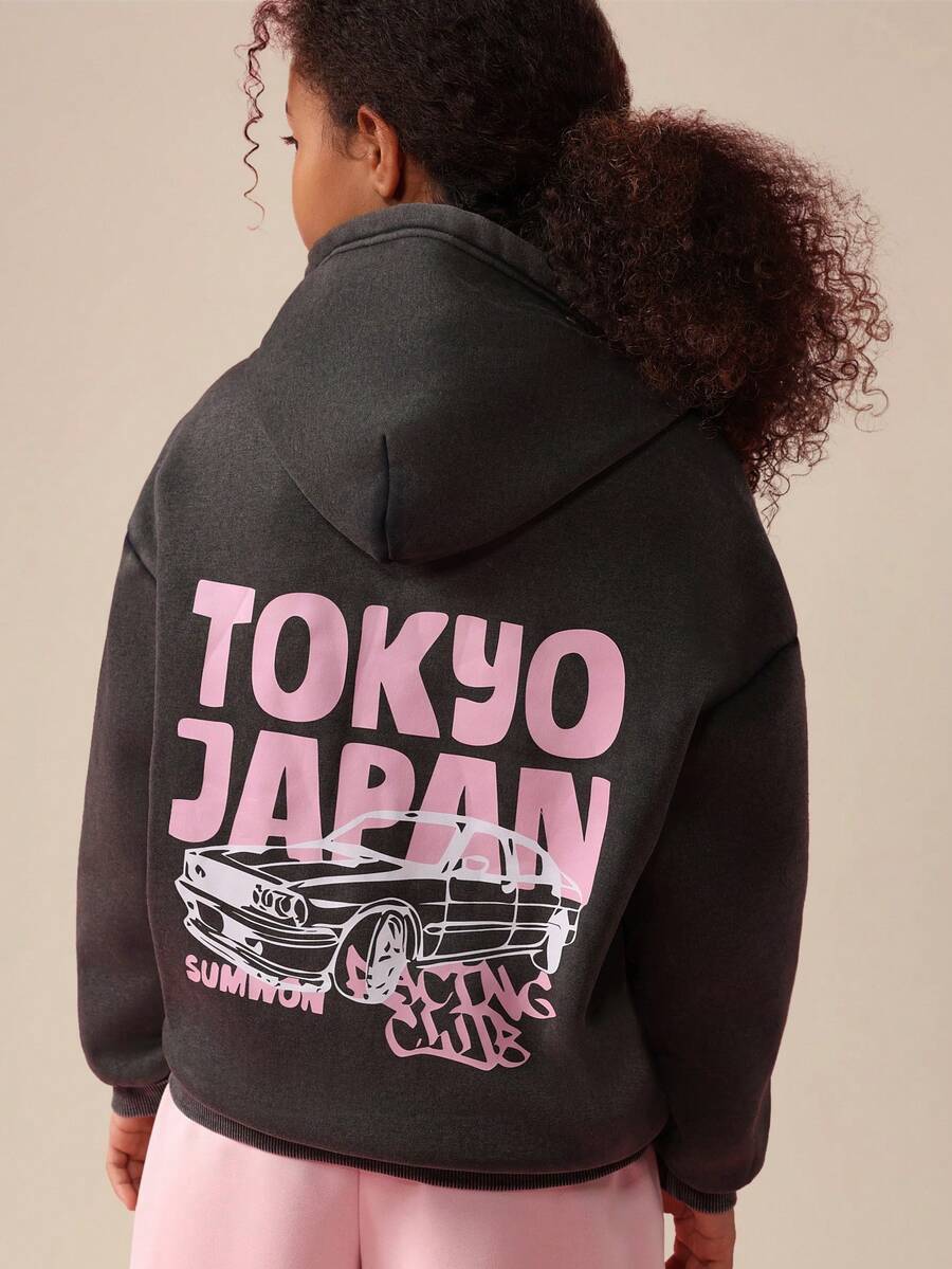 SUMWON Tokyo Japan Vintage Hoodie With Centre Pocket Hood Long Sleeve Pullover For Casual Streetwear - Dark Grey - View 1
