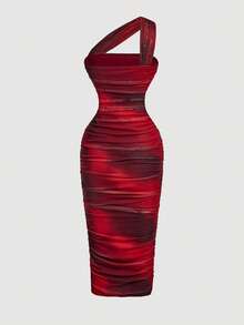 SHEIN MOD 女式复古不对称褶饰无袖连衣裙 - 酒紅色 - 查看 2