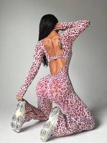 Dewbera Fashionable Sexy Leopard Print Long Sleeve Backless Flared Jumpsuit Leopard Jumpsuit Flared Leggings Set - Red - View 7