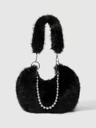 Grunge Punk Fashionable Faux Fur Handheld Chain Shoulder Solid Color Women's Bag