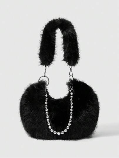 Grunge Punk Fashionable Faux Fur Handheld Chain Shoulder Solid Color Women's Bag