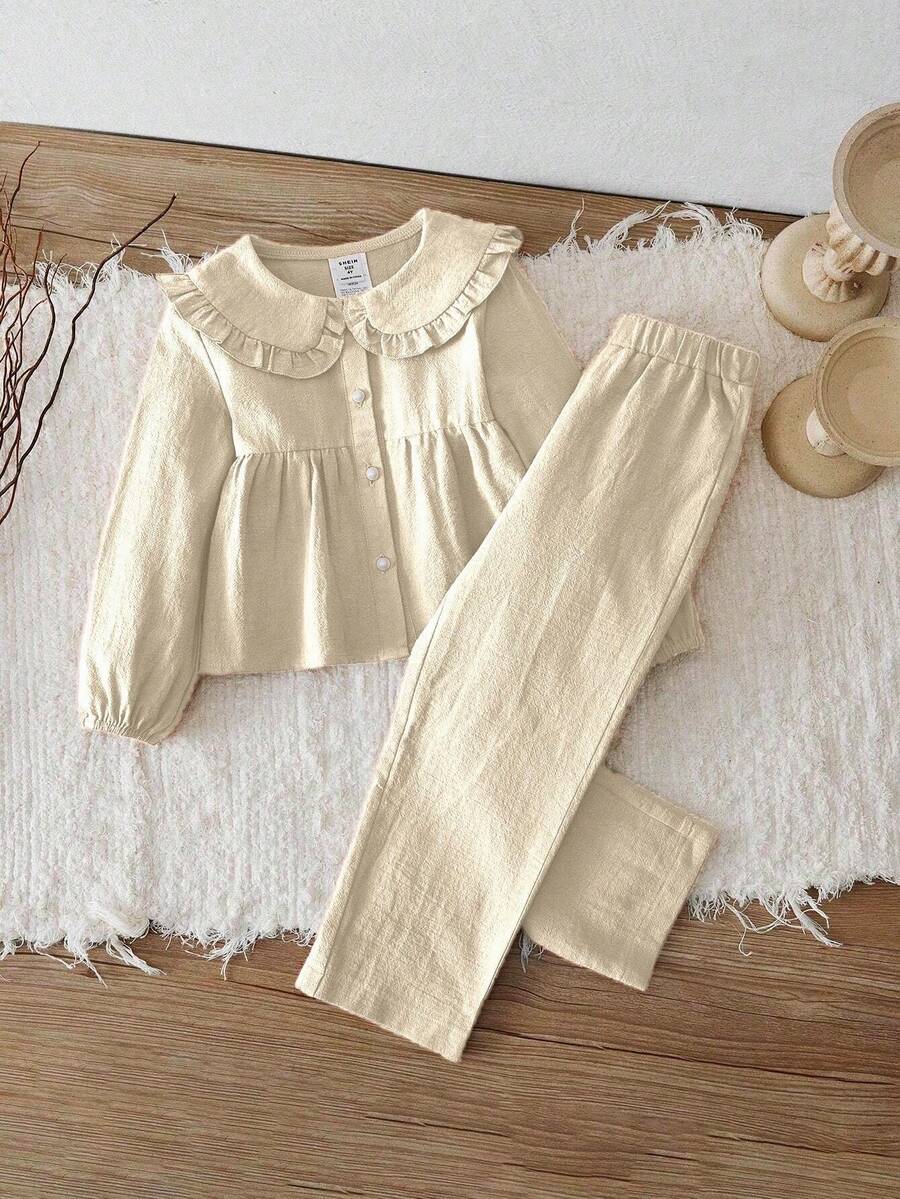 SHEIN Vintaside Kids Set de 2 piezas de top con cuello marrón y pantalones marrones para niña, conjunto informal todo a juego de estilo campestre, adecuado para otoño/invierno, material de algodón - Caqui - Ver 1