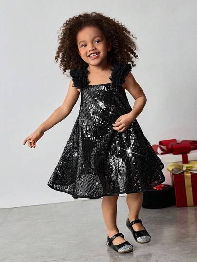 Maija Kids 年轻女孩黑色网纱亮片撞色网纱优雅休闲连衣裙