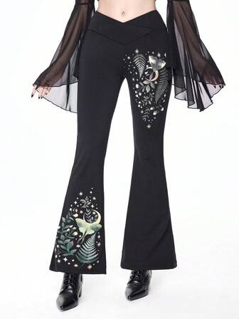 Gothic Style Plant & Moth & Moon & Star Print Women's Flare Pants