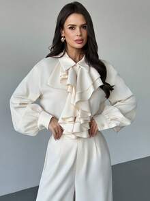 Firerie 女士优雅浪漫精致通勤办公休闲时尚新款翻领荷叶边长袖衬衫上衣搭配高腰阔腿裤两件套，秋冬款 - 杏色 - 查看 7