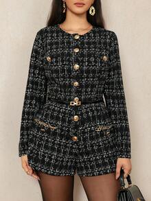 Zelara Plus Size Women Elegant Knit Fabric Metal Button Jumpsuit With Round Neck And Long Sleeves Chic Women's Jumpsuit Elegant Dress Women  Thanksgiving Outfit For Women Winter Clothes For Women Chic Women's Jumpsuit  Stylish Clothing Collection - Multicolor - View 4