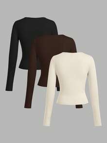 SHEIN EZwear 3件套女士休闲宽领修身长袖T恤套装，秋冬款 - 彩色 - 查看 2