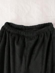 SHEIN 2件套青少年男童简约纯色抓绒连帽衫和长裤舒适家居服套装，藏蓝色 - 黑色 - 查看 5