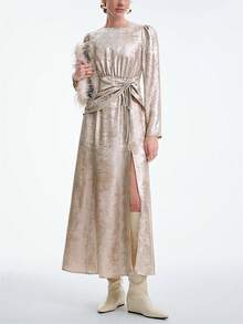 Aalyst Vestido de cola de pez súper largo, cuello redondo, manga de cordero, decoración plisada colgante, textura brillante de satén, adecuado para fiestas diarias, banquetes, alfombra roja, Halloween, Navidad, Año Nuevo, Acción de Gracias, uso para fiestas locas, fiestas nocturnas, invitados de alfombra roja, opciones de estilo de dama para primavera, otoño e invierno - Champán - Ver 5