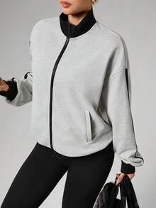 Dewbera 女士落肩长袖拉链宽松运动夹克 运动服夹克 健身夹克 瑜伽夹克 健身夹克 运动套装 女式夹克 - 淺灰色 - 查看 5