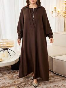 Al Najma Abito casual da donna in stile arabo, con colletto alla coreana, maniche lunghe, taglio morbido, taglia comoda, adatto per la primavera/autunno, disponibile in colori uniti