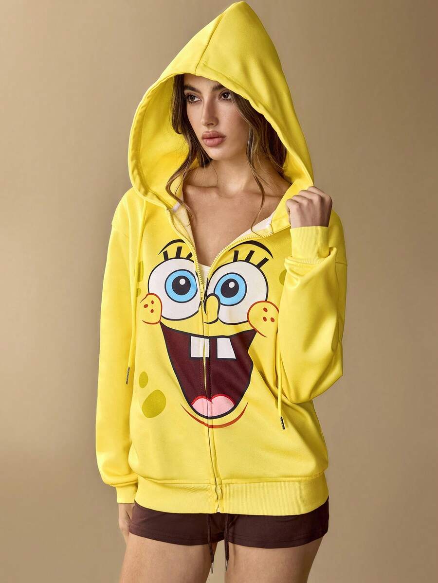 SpongeBob SquarePants | SHEIN Women's Casual Cartoon Pattern Zip-Up Drawstring Hooded Jacket, Autumn - Yellow - View 1