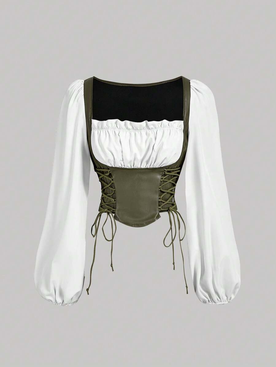 SHEIN MOD 女士绿白PU拼接灯笼袖衬衫 - 軍綠色 - 查看 1