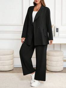SHEIN Clasi 两件套加大码西装套装：长袖上衣和阔腿裤 - 黑色 - 查看 4