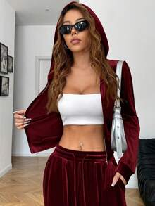 SHEIN EZwear Wine Rhinestone Embellished Hoodie & Pants Tracksuit Set For Women Two Piece Set Women Comfy 2 Piece Lounge Sets Woman 2 Piece Casual Sets Woman Sexy 2 Piece Sets Woman Burgundy Set - Burgundy - View 6