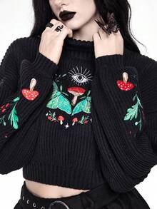 ROMWE Gothic Style Mushroom & Crescent Moon Embroidered Women Sweater - Black - View 2