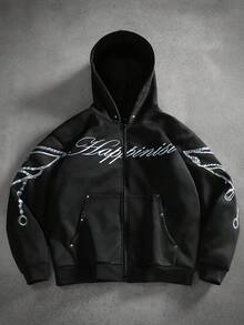 Manfinity EMRG Îmbrăcăminte casual pentru bărbați maturi, hanorac cu model japonez din fleece, hanorac cu fermoar negru, versatil, pentru purtare zilnică, streetwear, top cu mânecă lungă